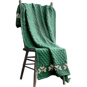 Ireland Merino Wool Throw Blanket Irish Shamrock Fisherman Cable Knit Warm Cozy